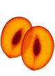 A plum cut in half, showing the orange flesh and the dark pit in the center.
