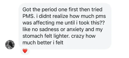 A screenshot of a text message review about relief from PMS symptoms like sadness and anxiety.