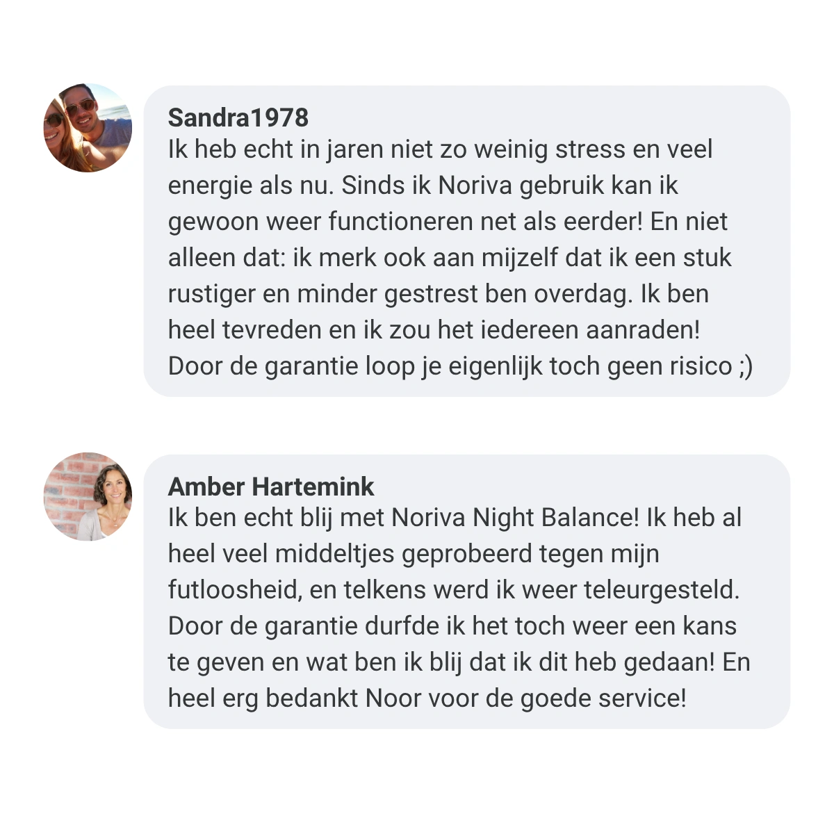 Two customer testimonials in Dutch, each with a profile picture and the user's name.