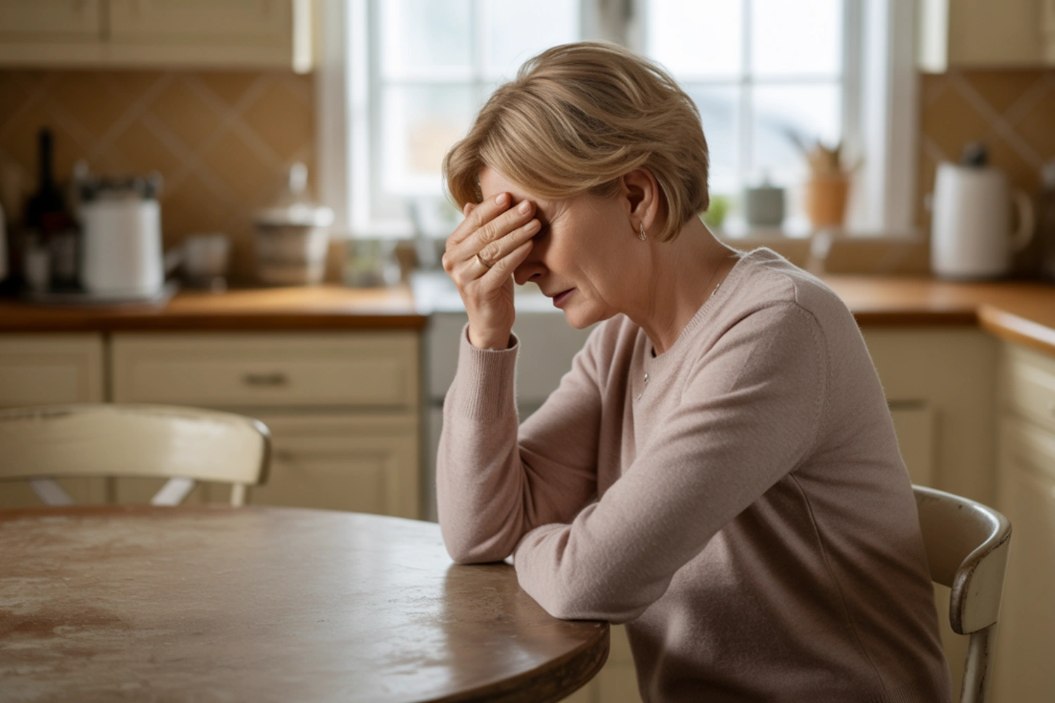 A woman with blonde hair sits at a kitchen table with her hand covering her face.
