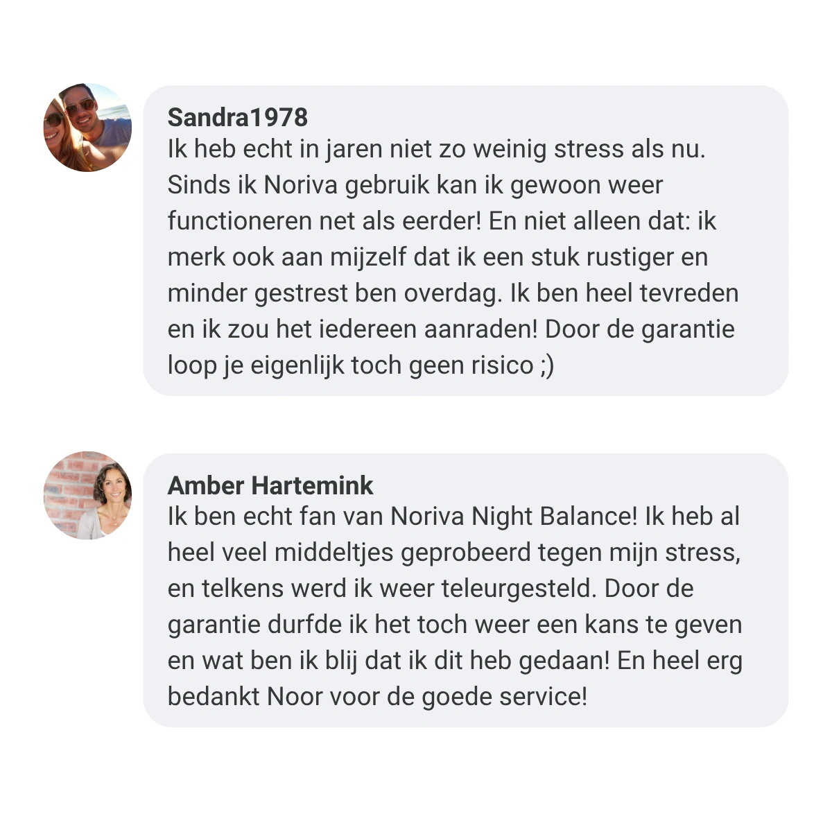 Two customer testimonials in Dutch from Sandra1978 and Amber Hartemink, with their profile pictures and reviews.
