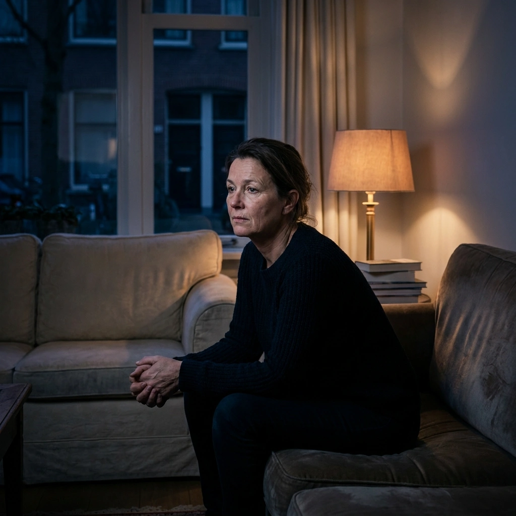 A woman with a pensive expression sits on a sofa in a dimly lit room at night.
