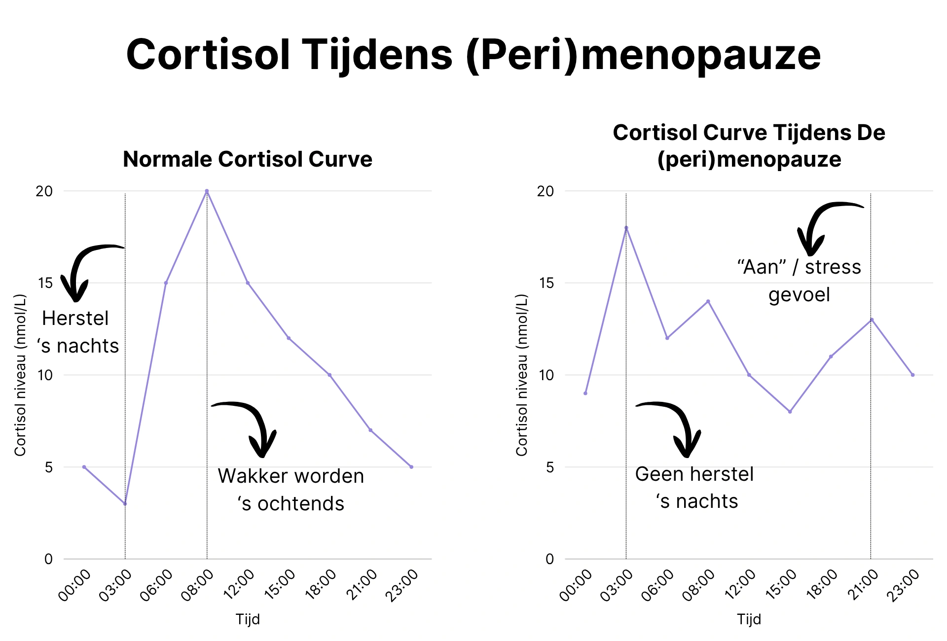 Two graphs comparing a normal daily cortisol curve with an irregular cortisol curve during perimenopause in Dutch.
