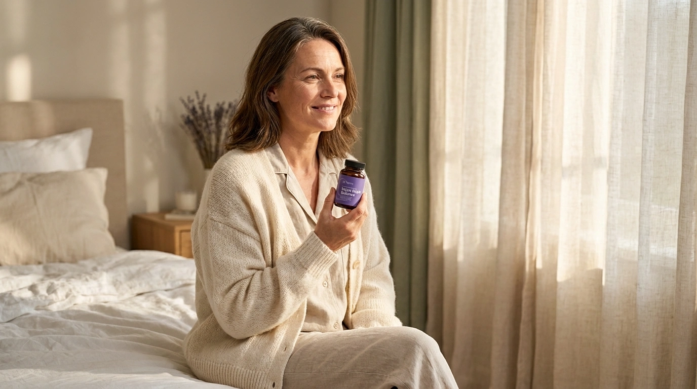 A smiling woman in pajamas sits on a bed, holding a bottle of supplements and looking out a window.
