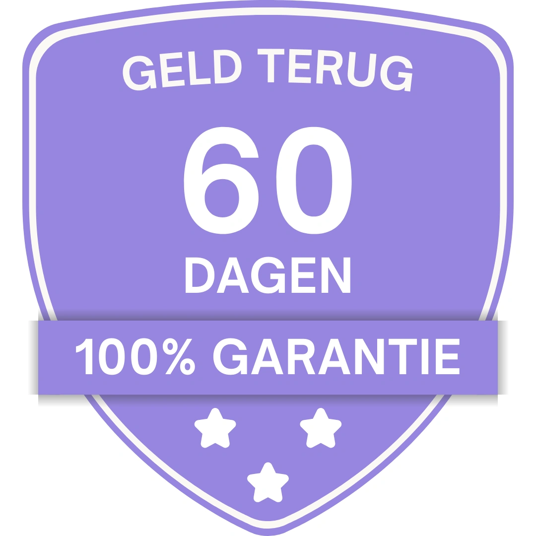 A purple badge in Dutch for a 60-day, 100% money-back guarantee, with three white stars.