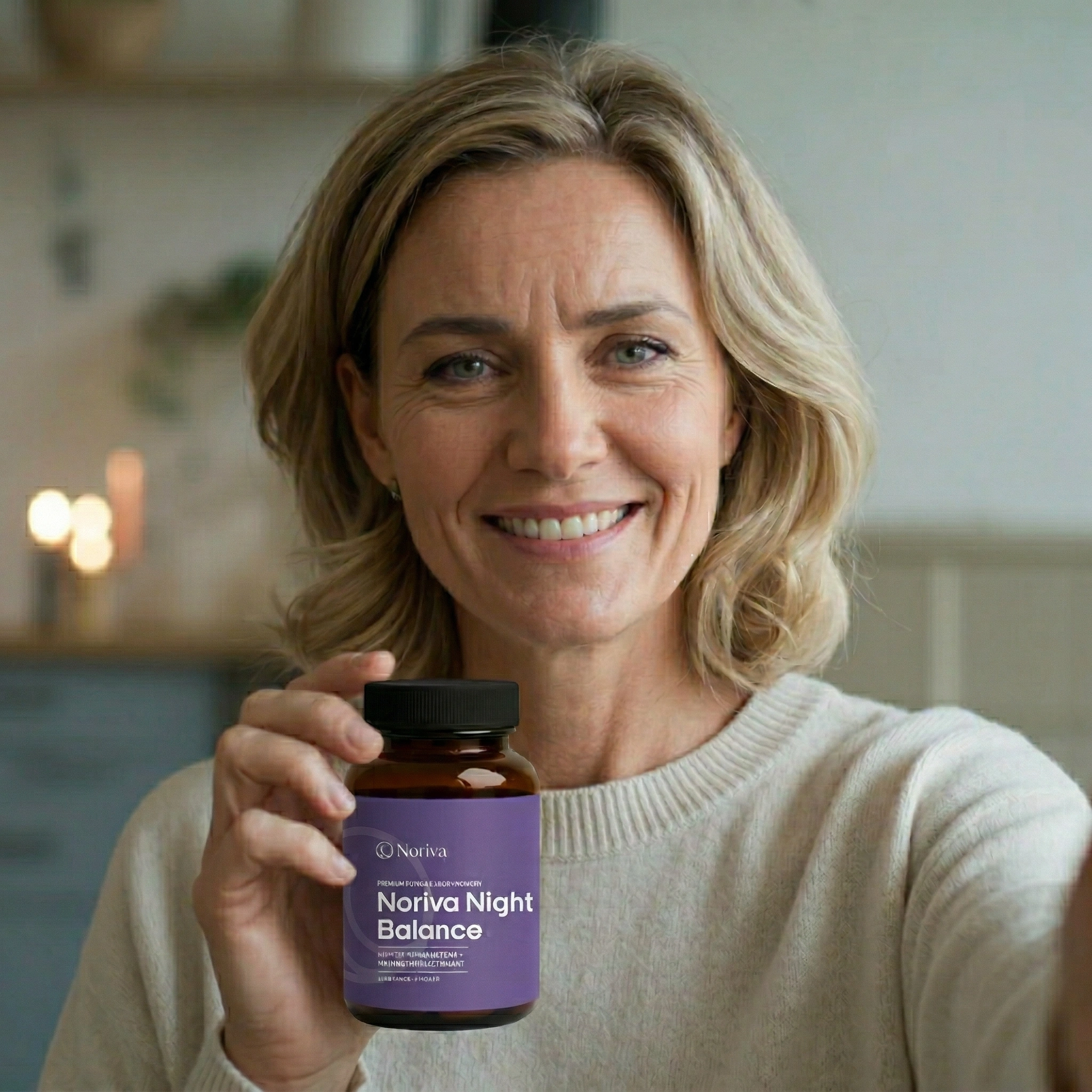 A smiling woman in a light-colored sweater holds up a bottle of Noriva Night Balance.