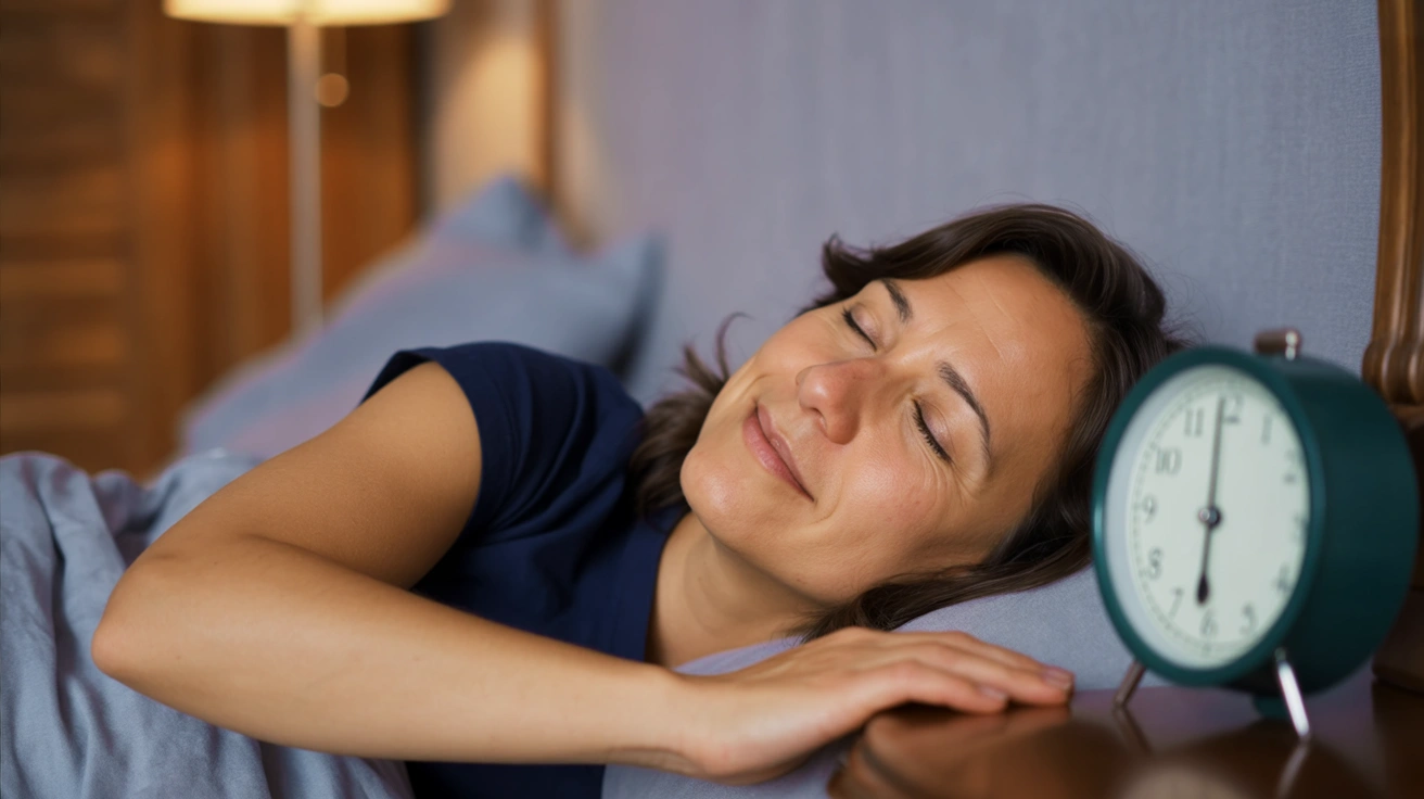 Person sleeping peacefully with a clock nearby on a bedside table.
