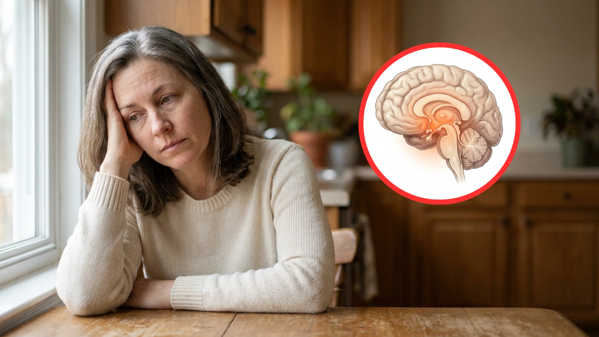 A sad woman sits at a table, with a graphic overlay of a brain cross-section.