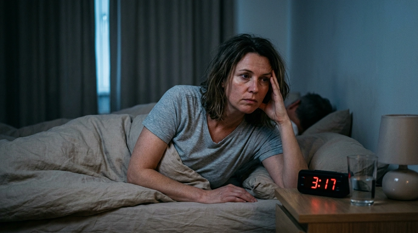A woman sits awake in bed looking stressed, with a digital clock on the nightstand showing 3:17.