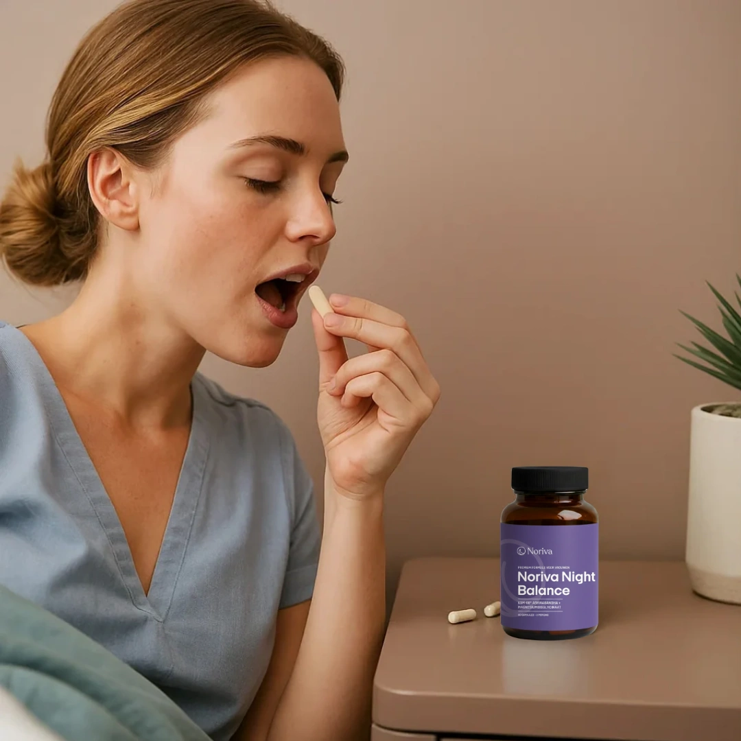 Person taking a pill next to a bottle labeled 'Noriva Night Balance' on a table.
