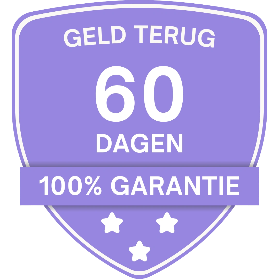 A purple badge graphic advertising a 60-day 100% money-back guarantee in Dutch with three stars.
