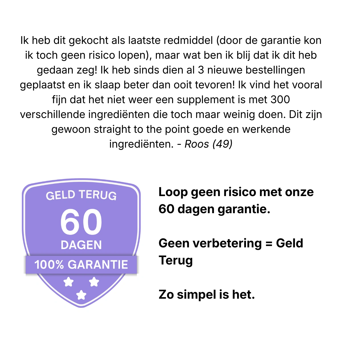 A customer testimonial in Dutch next to a 60-day money-back guarantee seal.