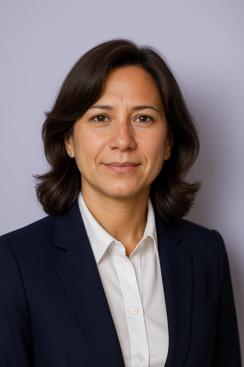 Person in a dark suit and white shirt against a plain background.