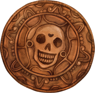 A round, bronze-colored medallion featuring a grinning skull at its center, surrounded by intricate carvings.