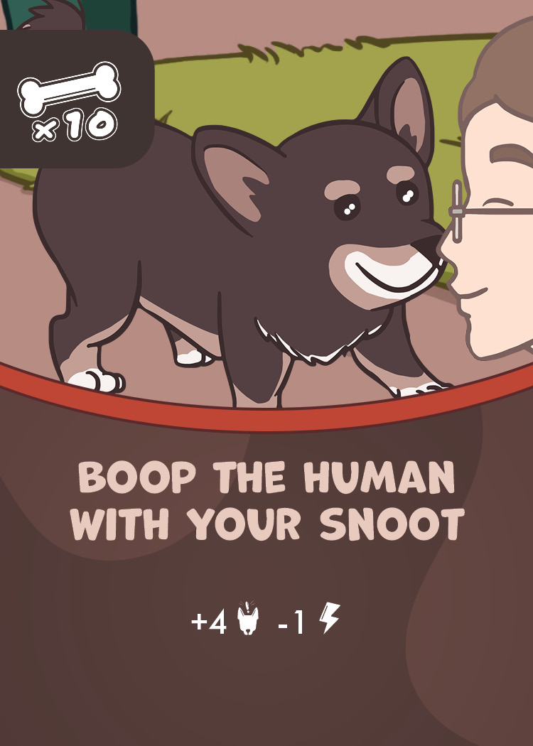 A cartoon game card showing a dog touching its nose to a human's face.