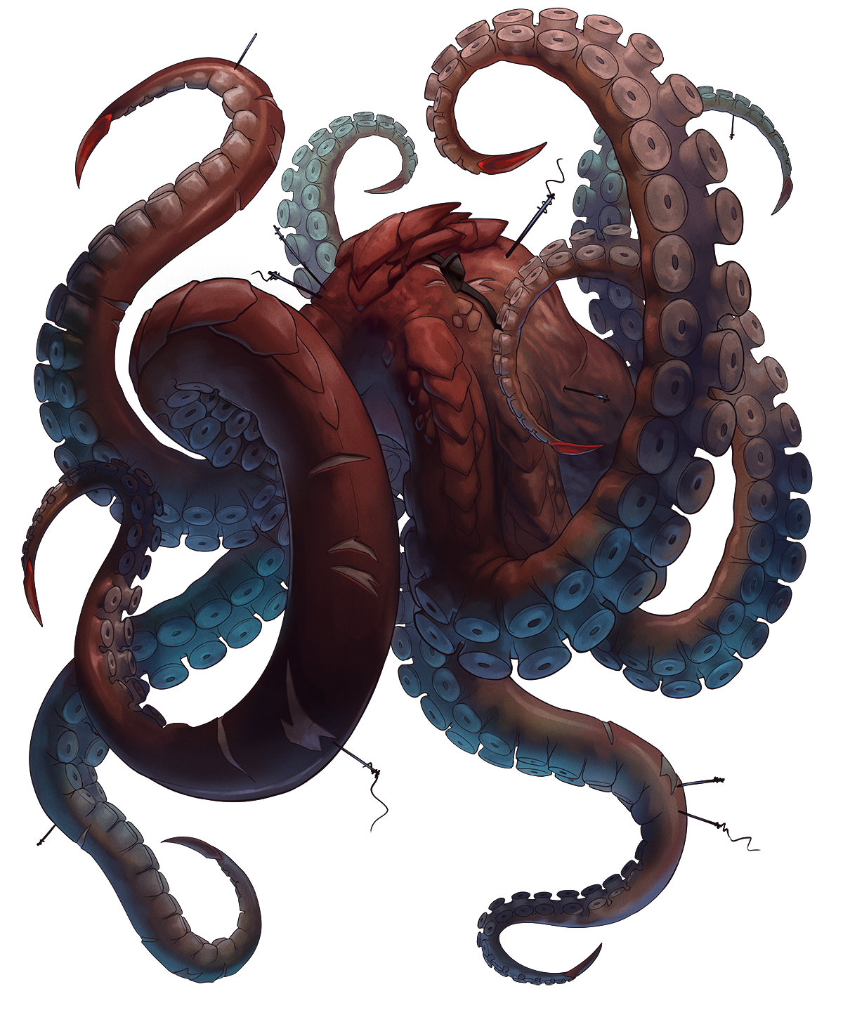 An illustration of a large, red octopus with blue suckers, pierced by several small pins or needles.