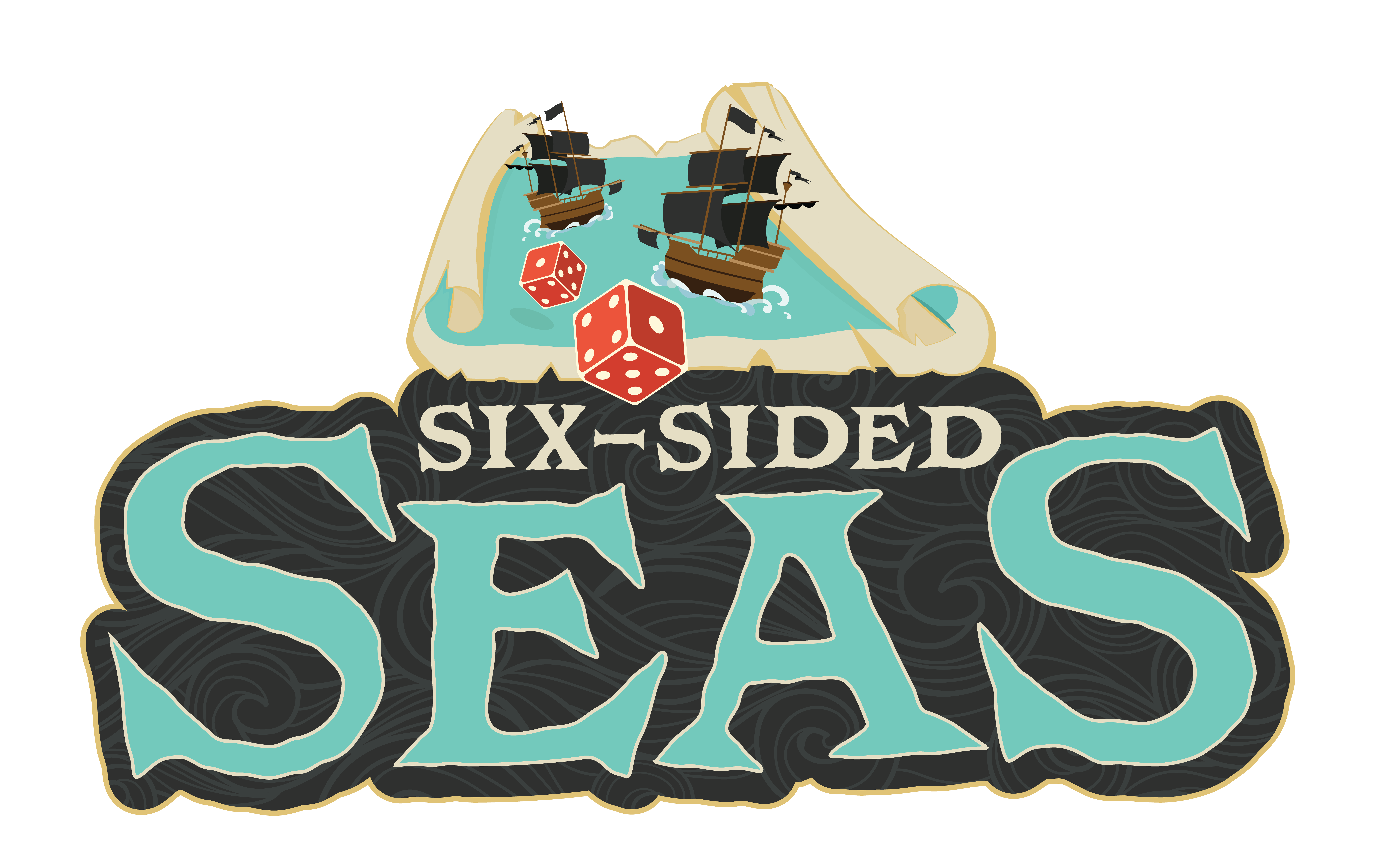 The logo for 'Six-Sided Seas' featuring two sailing ships and two red dice on a map.