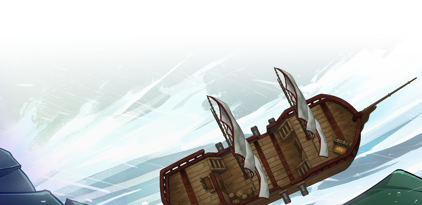An illustration of a wooden sailing ship being tossed on a turbulent, stylized sea.