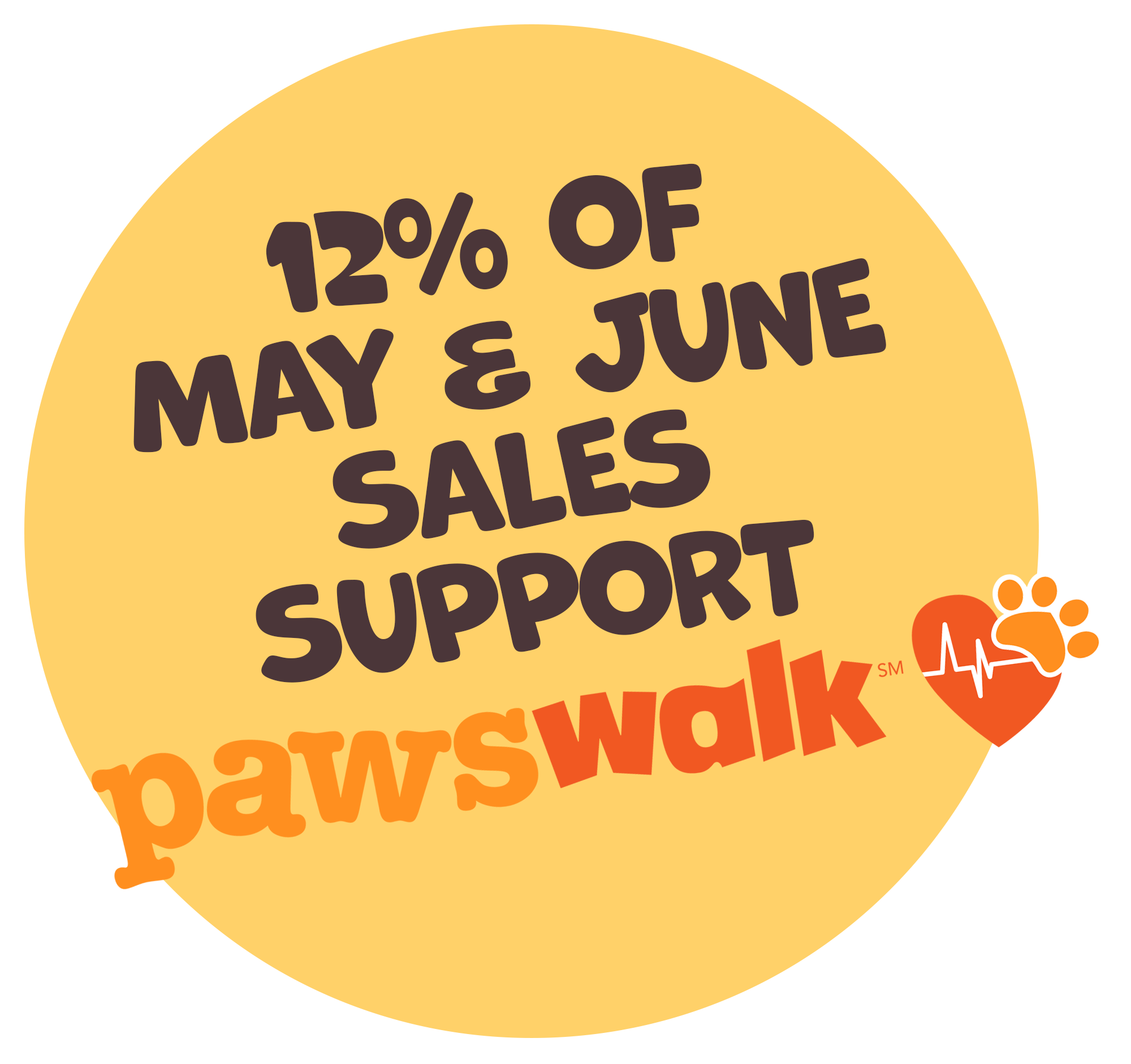 Promotional graphic: 12% of May & June sales support Pawswalk, with a heart and paw print logo.