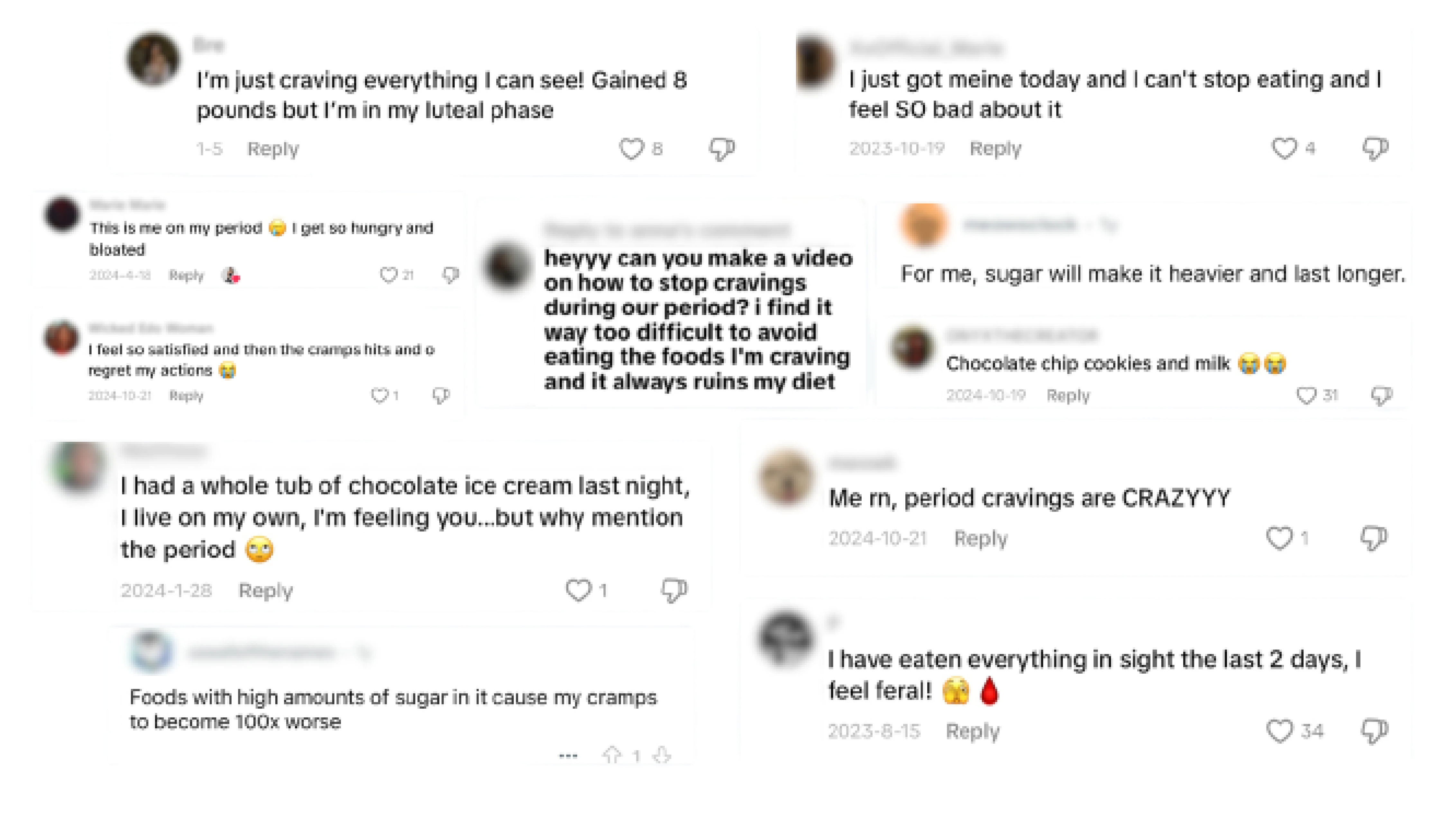 Collage of social media comments about food cravings and periods.