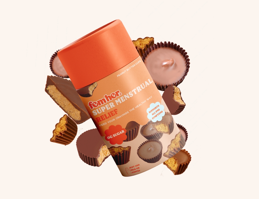 Orange container labeled 'Super Menstrual Relief' surrounded by peanut butter cups.