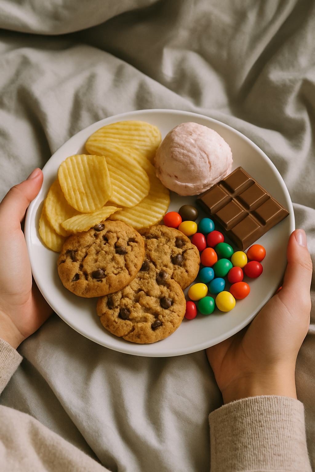 Plate with cookies, chips, ice cream, chocolate, and colorful candies.