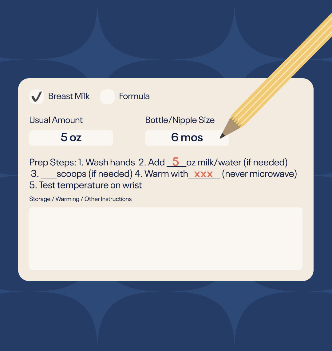 A digital form showing baby bottle preparation instructions, with a pencil graphic.