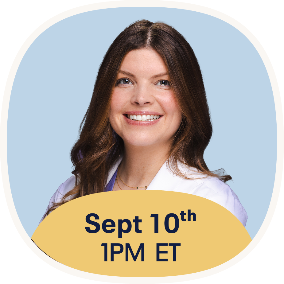 Headshot of a smiling woman in a white coat with text overlay reading 'Sept 10th 1PM ET'.