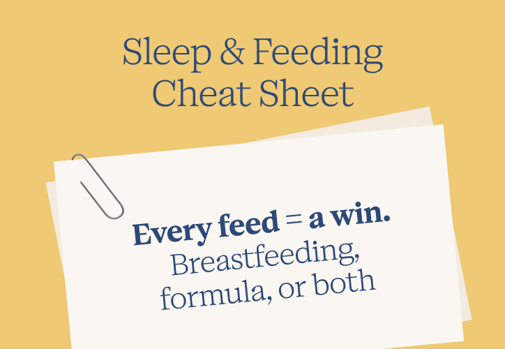 A graphic titled 'Sleep & Feeding Cheat Sheet' with a paperclipped note that reads 'Every feed = a win.'