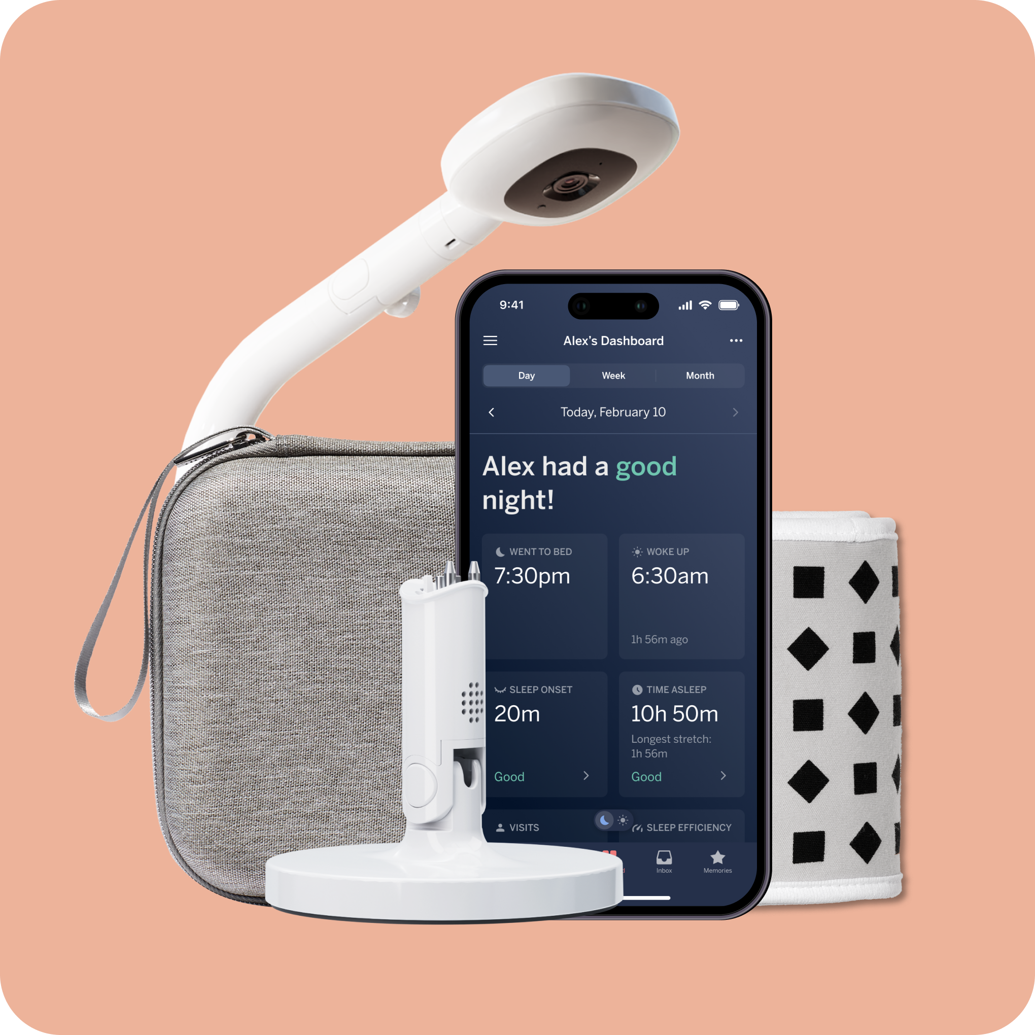 A baby monitor system with a camera, carrying case, and smartphone app showing sleep data.