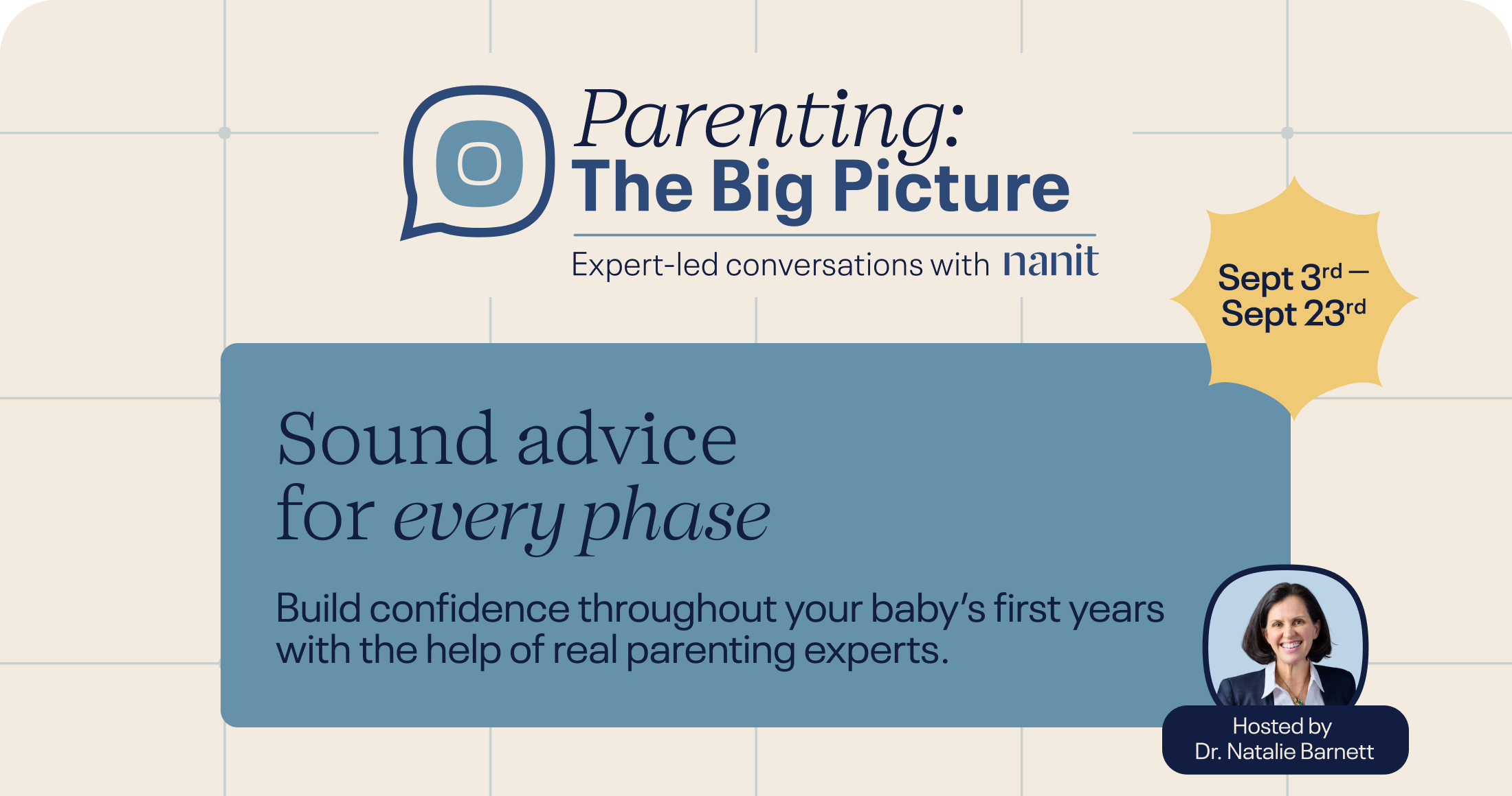 Promotional graphic for the 'Parenting: The Big Picture' event, hosted by Dr. Natalie Barnett from Sept 3rd-23rd.