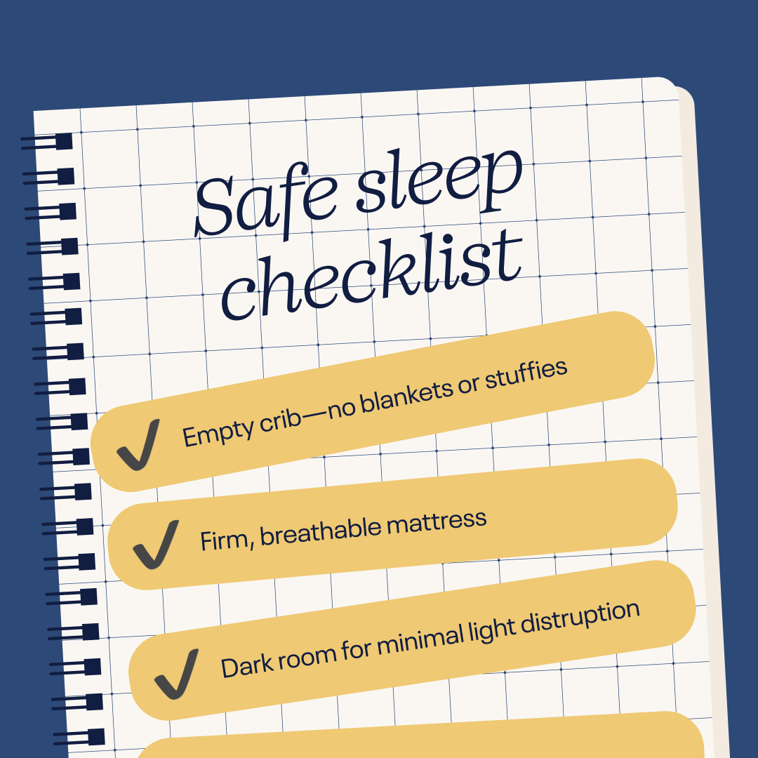 An illustration of a notepad with a 'Safe sleep checklist' and several checked-off items.