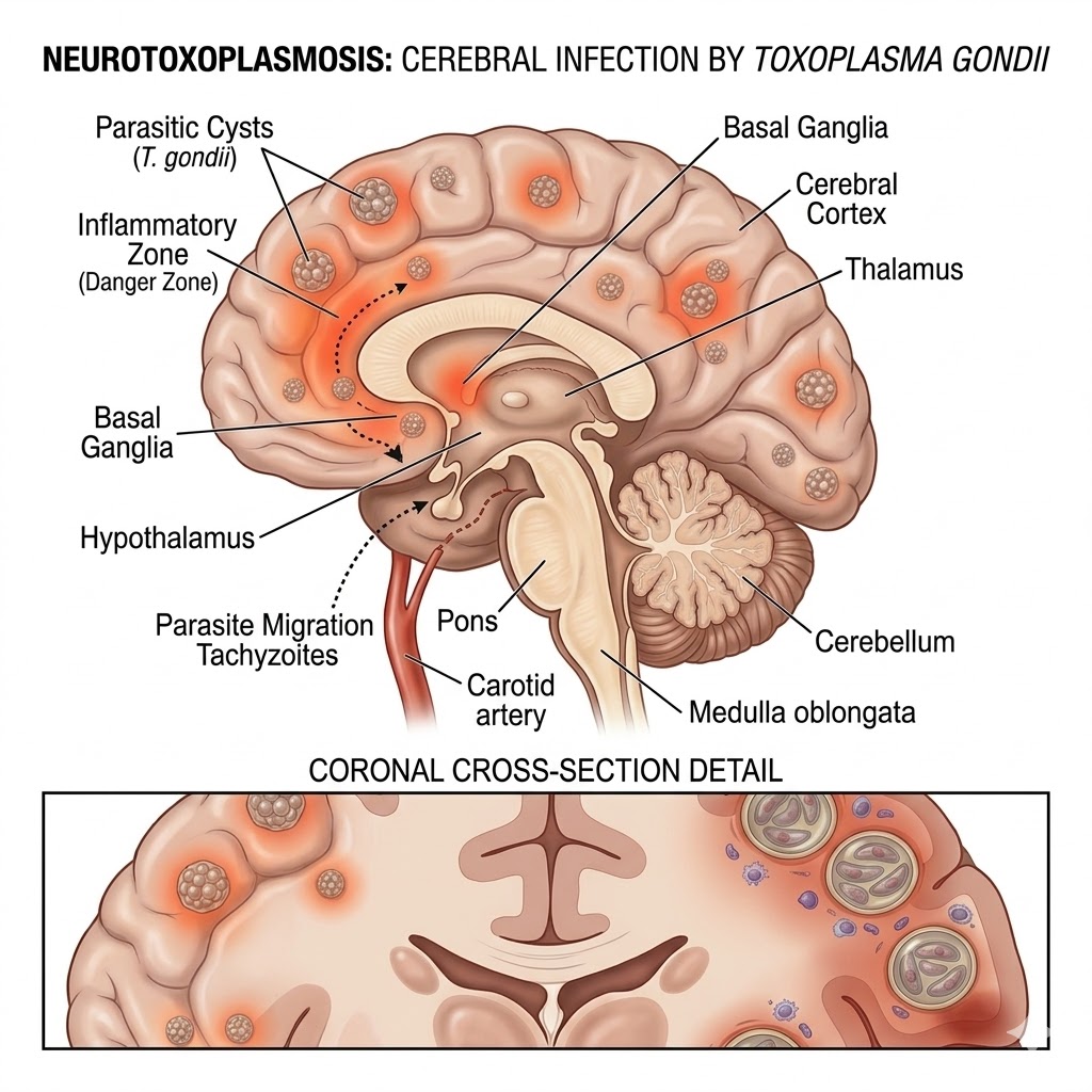 A medical diagram illustrating Neurotoxoplasmosis, showing parasitic cysts and inflammation in a cross-section of a human brain.