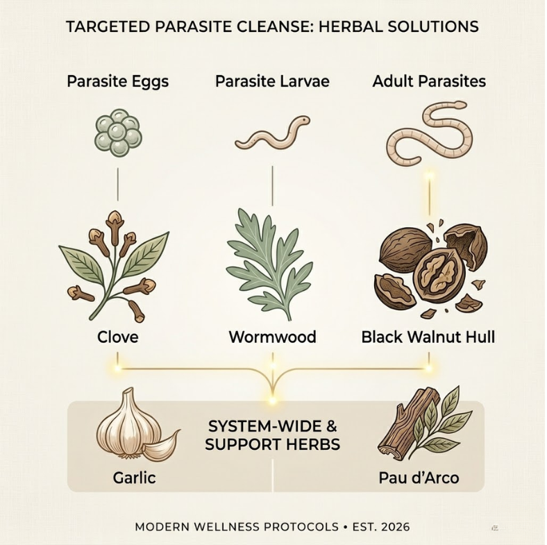 Infographic showing herbal remedies for parasites at egg, larvae, and adult stages, including clove, wormwood, and garlic.