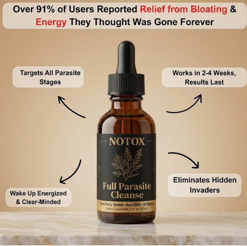 An advertisement for Notox Full Parasite Cleanse, showing a dropper bottle surrounded by its purported benefits.