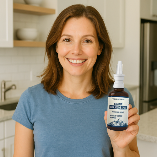 Person smiling, holding a nasal iodine spray bottle in a kitchen.