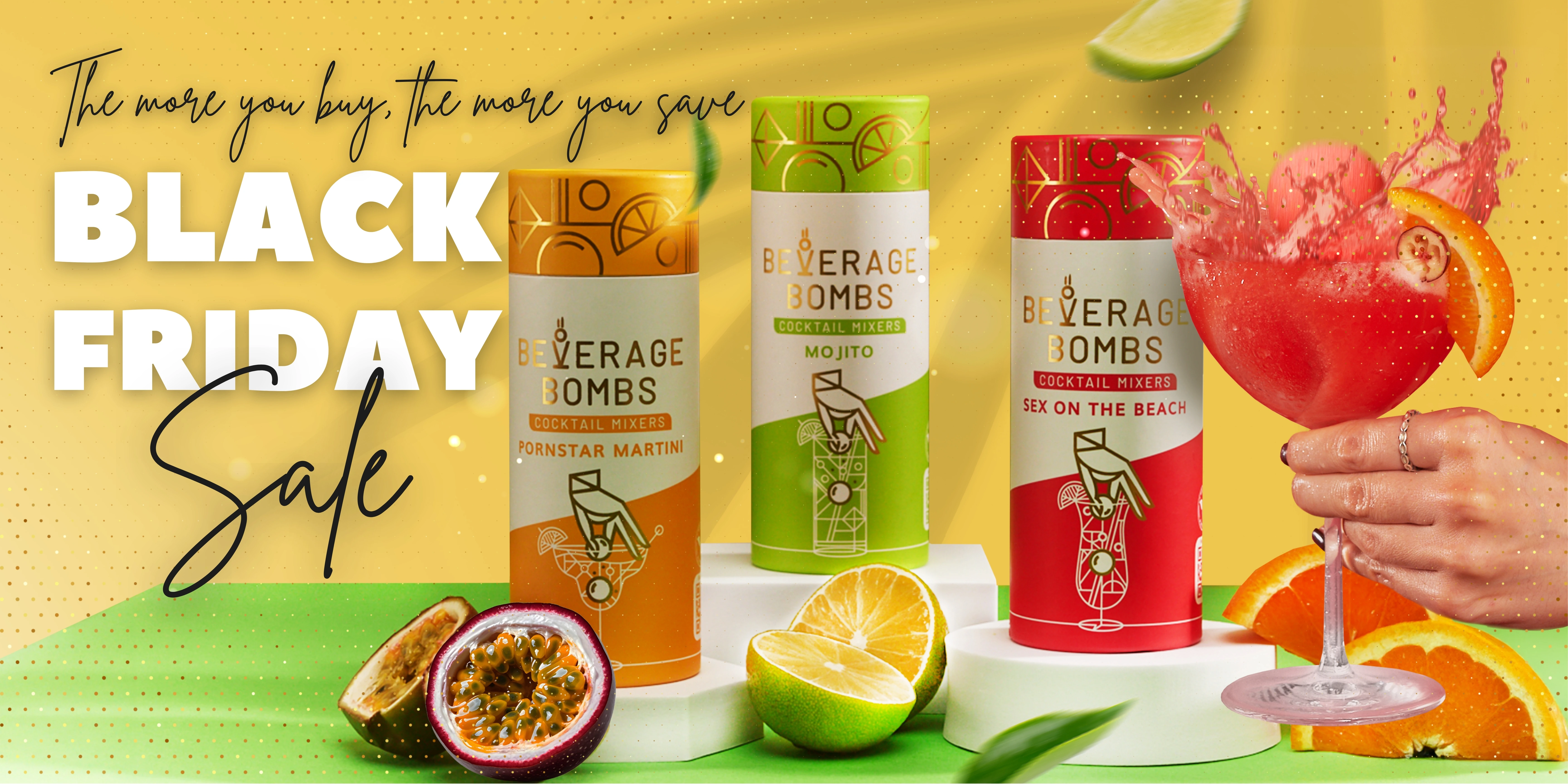 Cocktail mixers and fruit slices with a hand holding a red drink, Black Friday sale text.