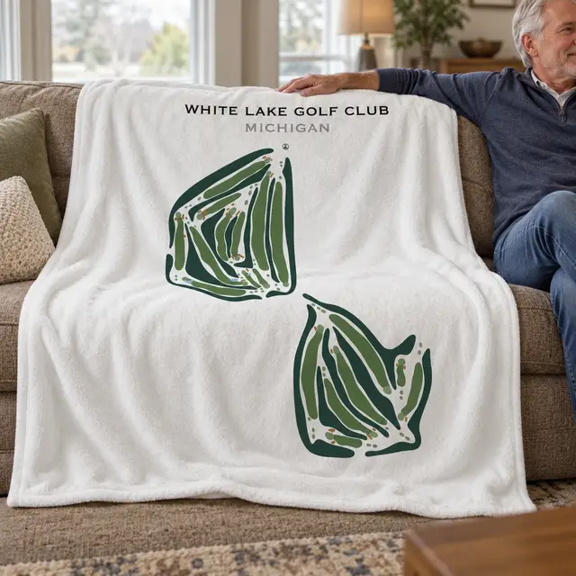 A man sits on a couch with a white fleece blanket showing a map of White Lake Golf Club.