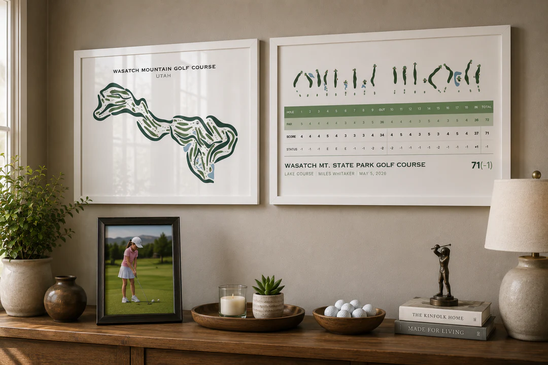 Two framed golf course prints hang above a wooden console with golf-themed decor.