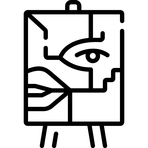 A line art icon of an abstract painting of a face on an easel.