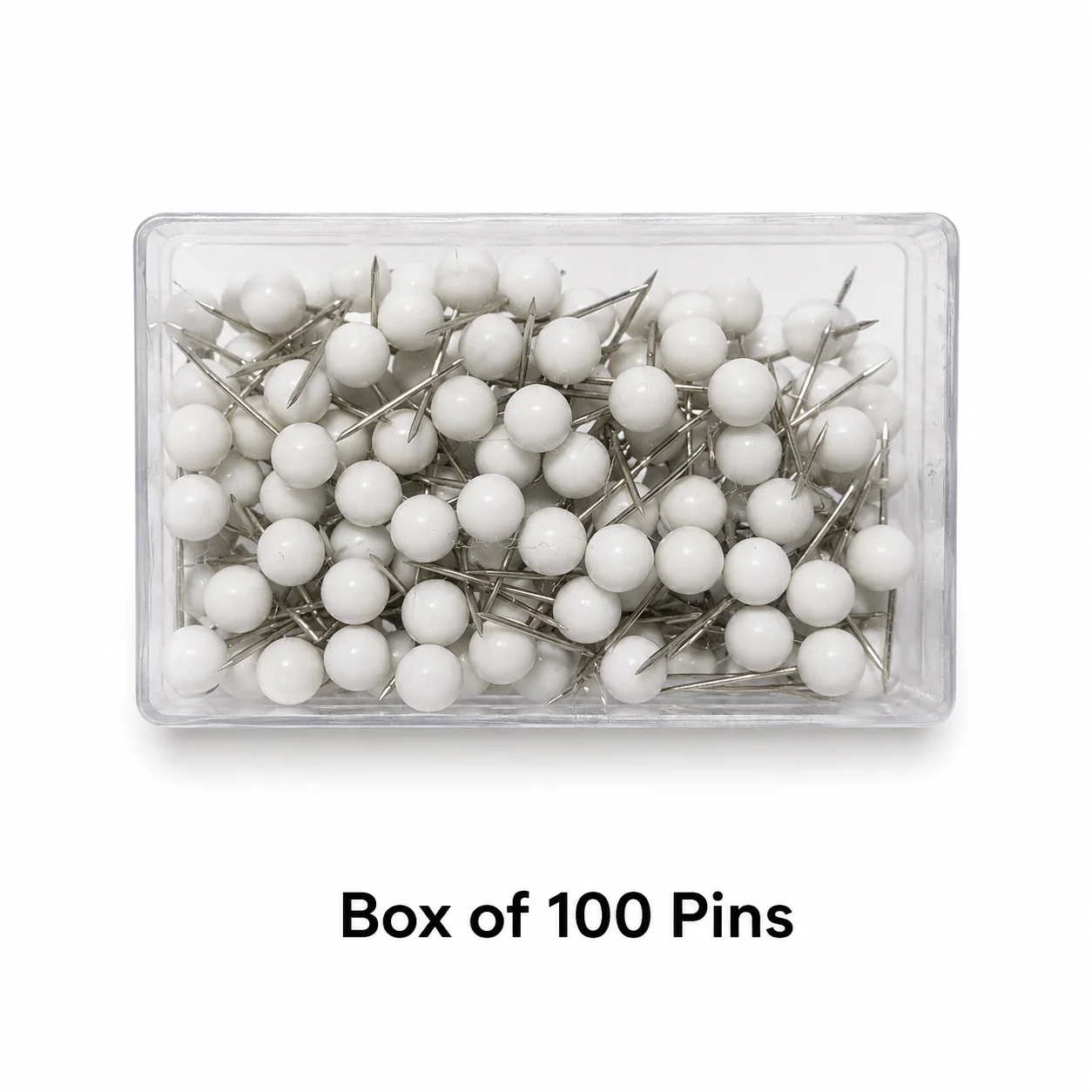A clear plastic box filled with white, round-headed push pins, with text below reading 'Box of 100 Pins'.