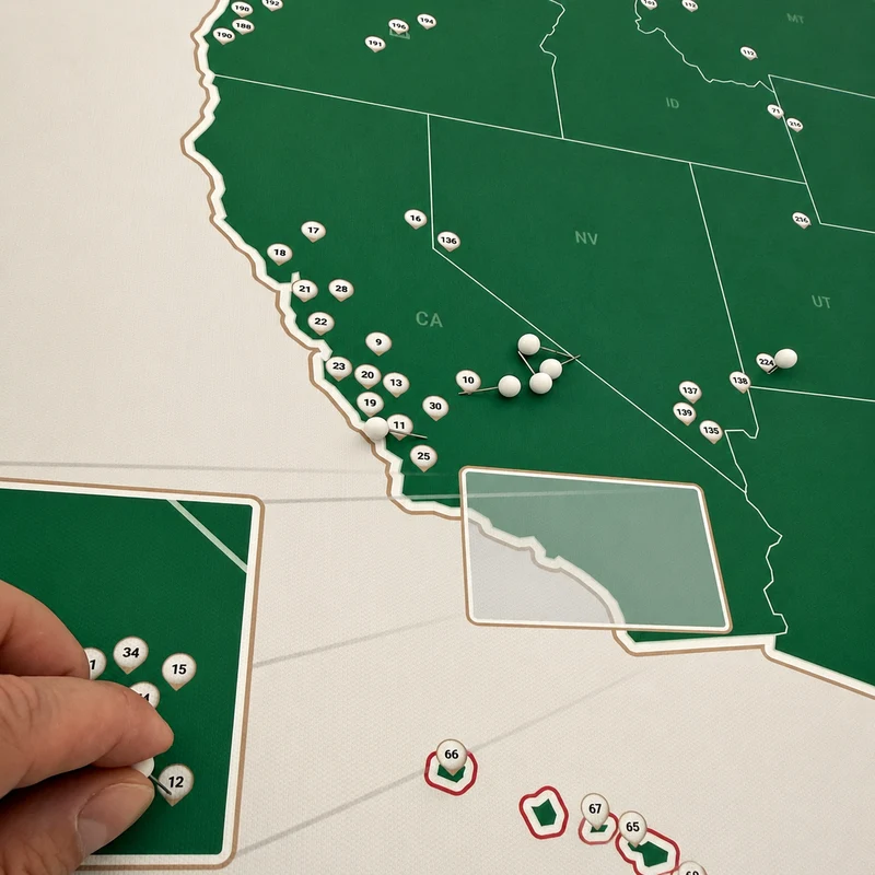A hand placing a numbered pin on a green map of the United States.