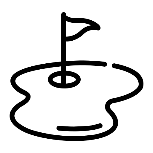 A black line icon of a golf hole with a flag on a putting green.