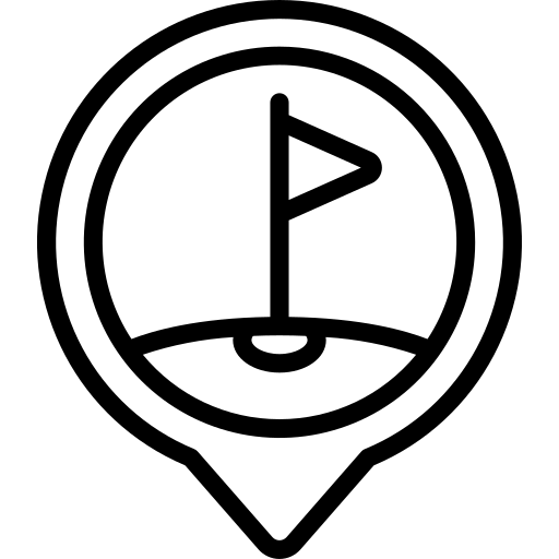 A black outline icon of a map pin marker with a golf hole and flag inside it.