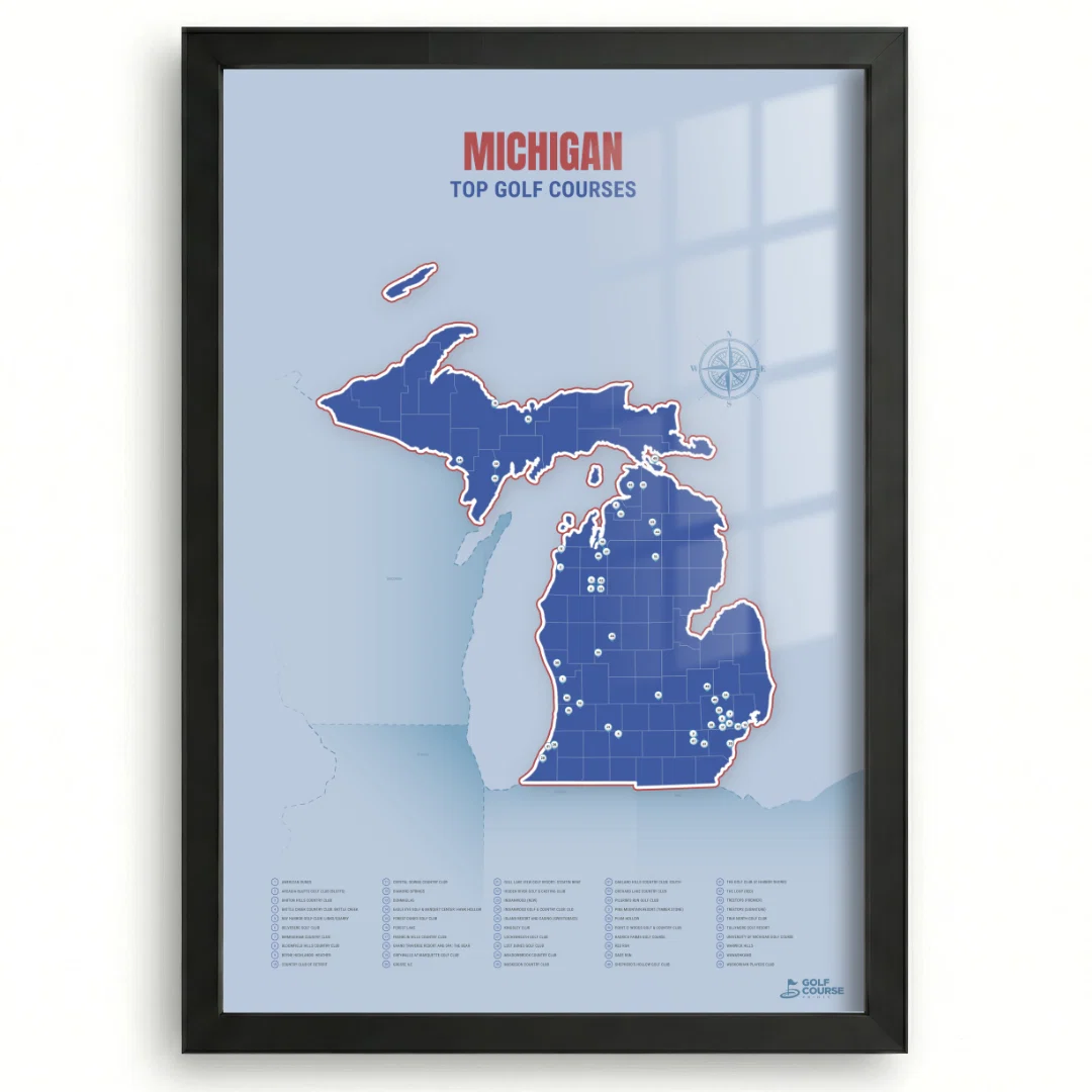 A framed poster of a map of Michigan showing the locations of top golf courses.