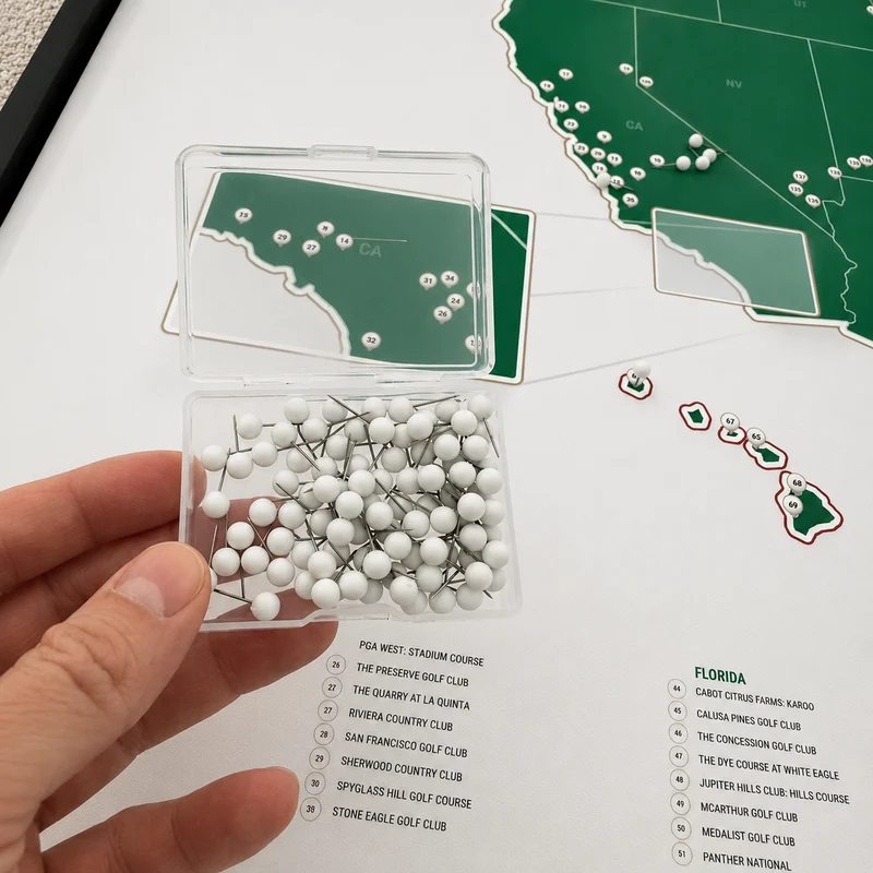 A hand holds a box of white push pins in front of a green map of United States.