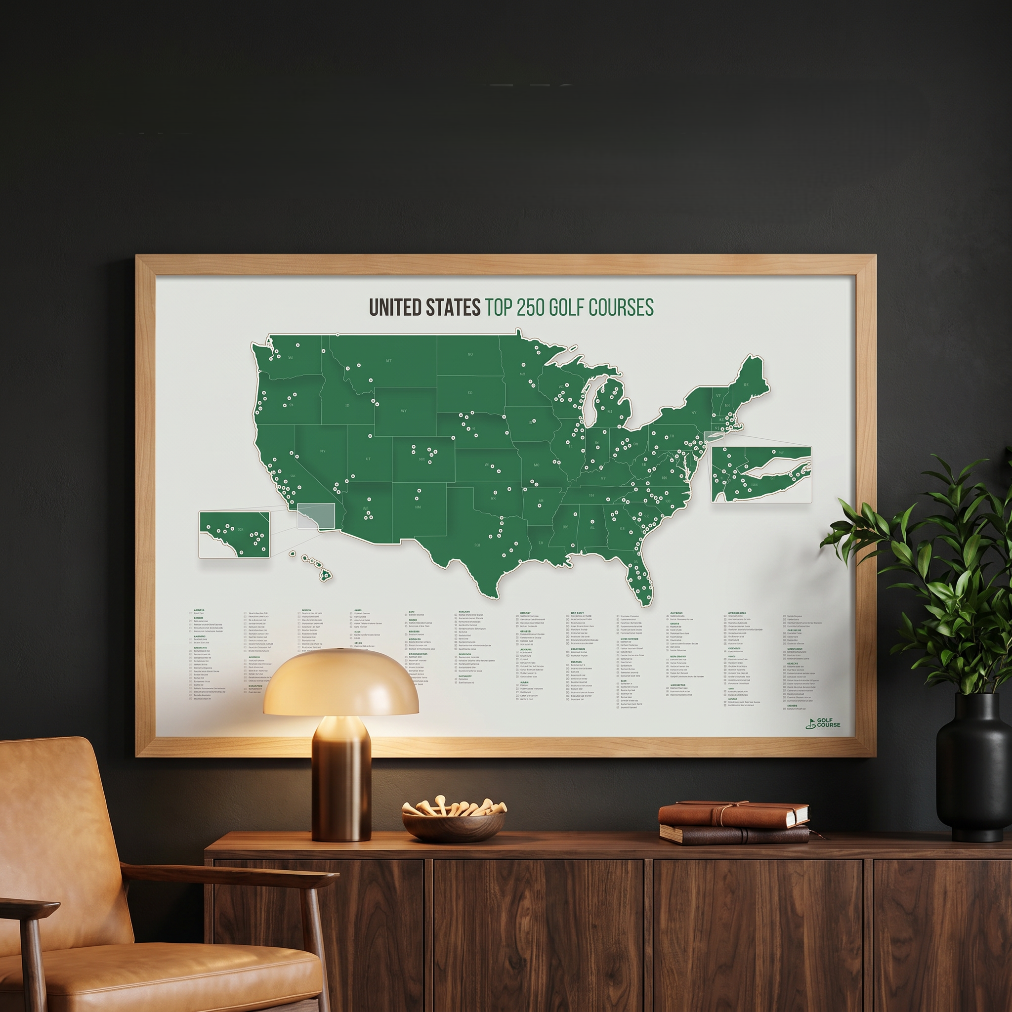 A framed map of the top 250 US golf courses hanging on a wall above a console table.