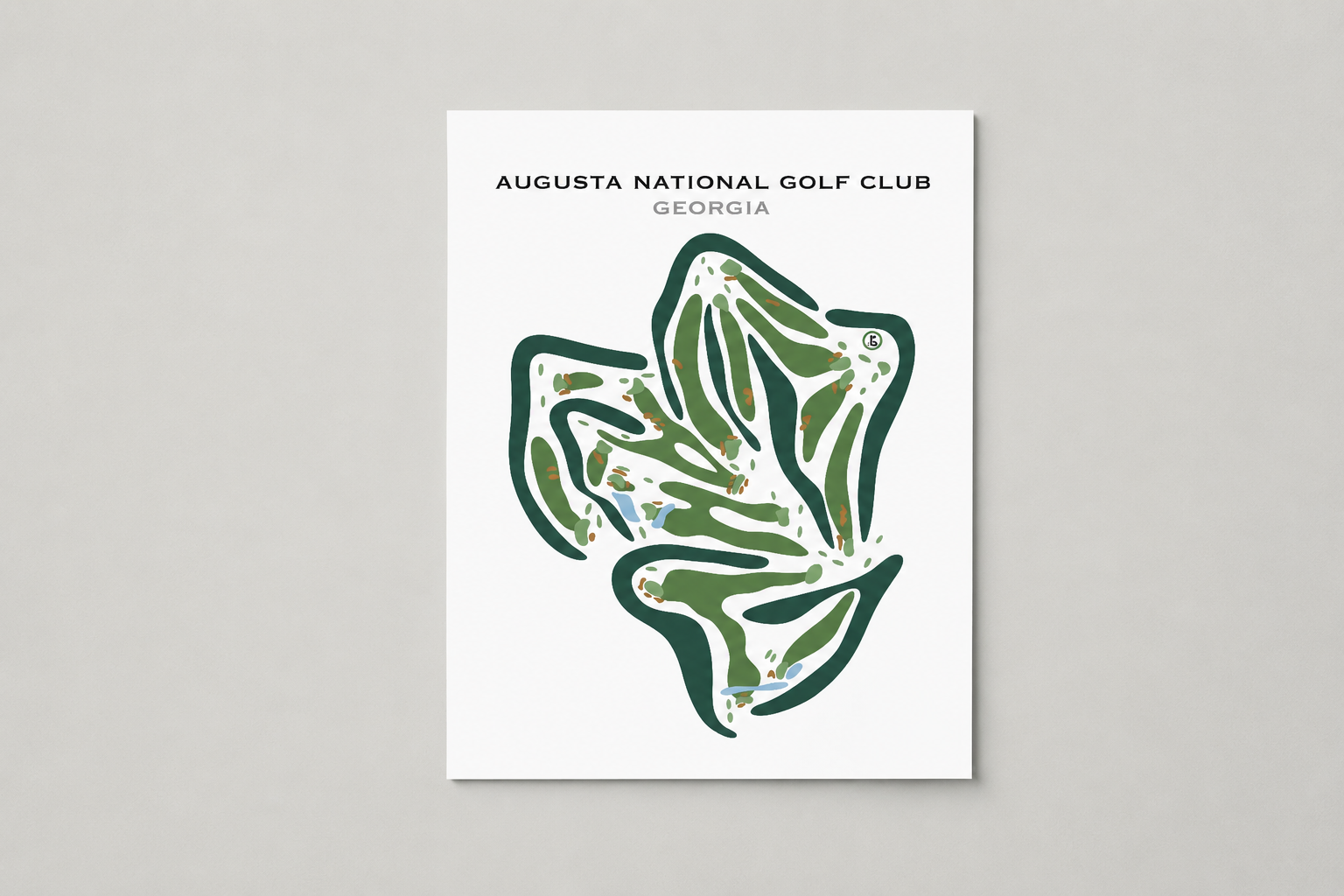 A stylized map of the Augusta National Golf Club in Georgia, shown as a print on a wall.