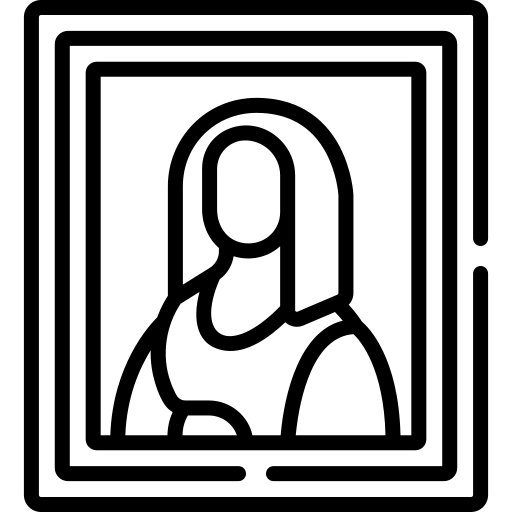 A black line icon of the Mona Lisa painting in a frame.