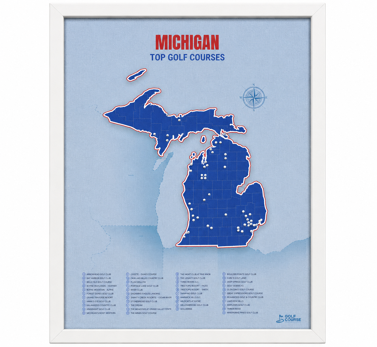 A framed map of Michigan showing the locations of top golf courses, with a list at the bottom.